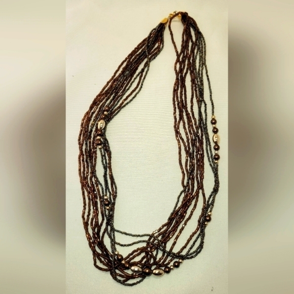 Multi strand seed beads vintage necklace bronze brown amber spring ring closer - Picture 3 of 4